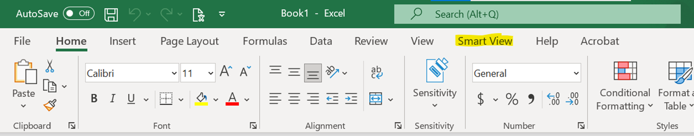 Smart View tab present in Excel top navigation bar